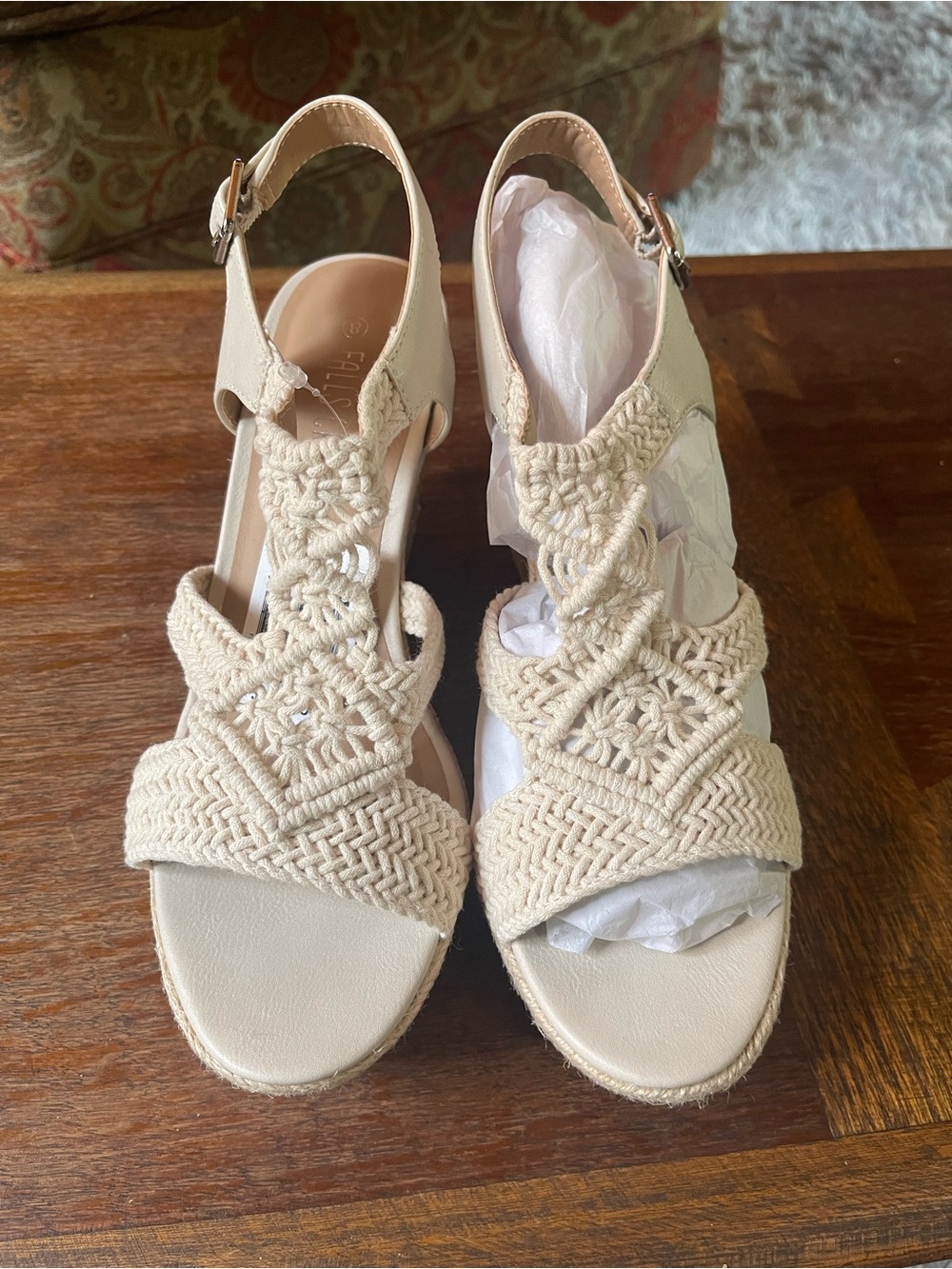 Falls Creek Cream Macramé Wedge Sandals with Ankle Buckle